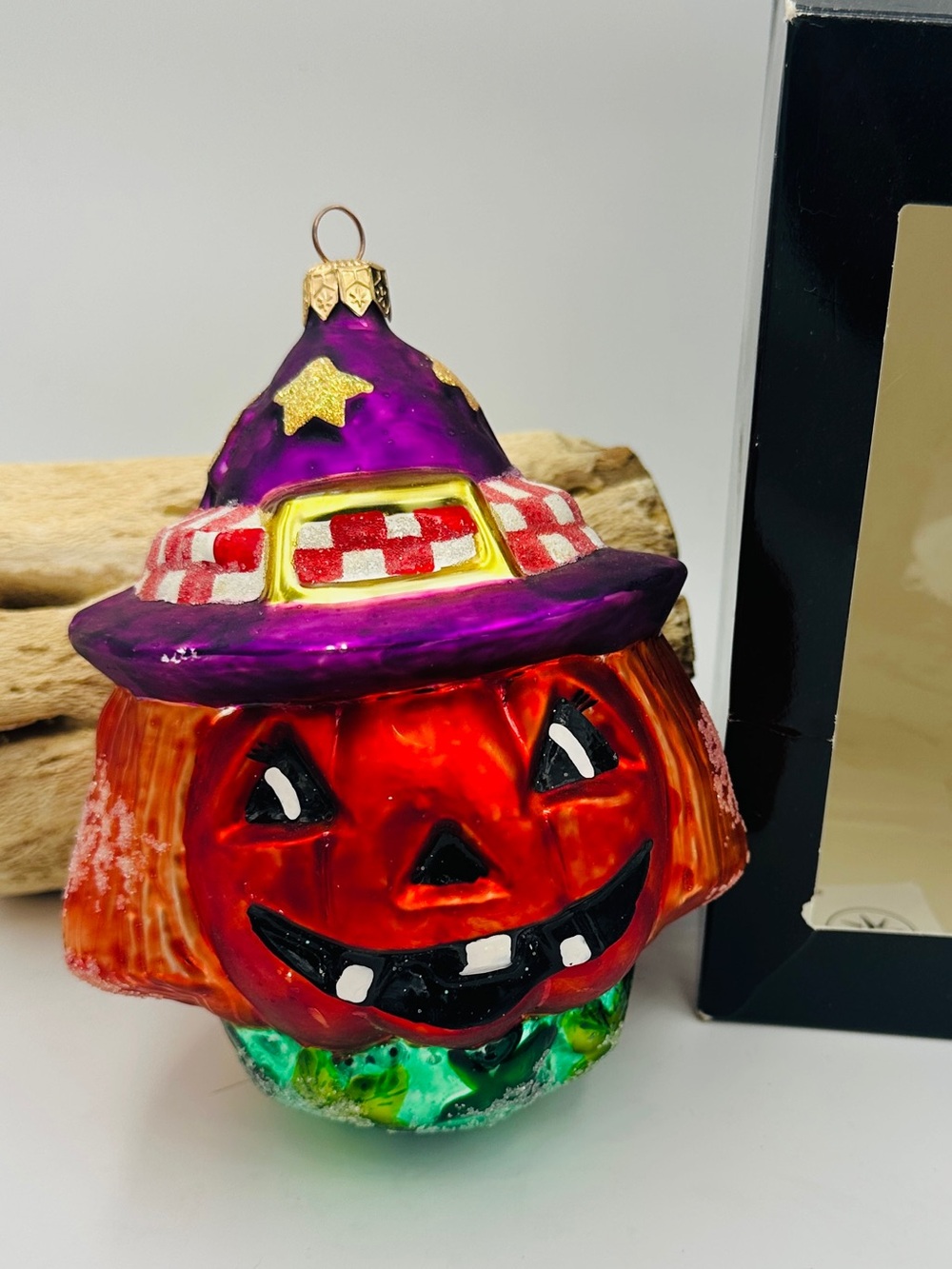 Vintage Christopher Radko Blown Glass Pumpkin Witch Ornament In Box